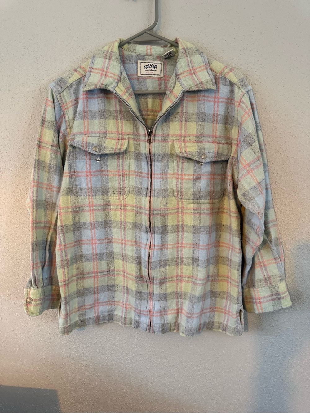 Krazy Kat size medium Knit-Knit Pastel Plaid Zip-Front Jacket